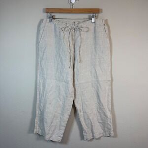 Cropped Linen Pants Women L Natural Beige Drawstring Elastic Waist Minimalist